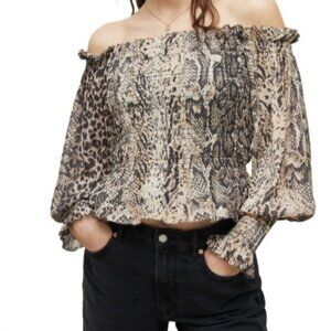 NEW AllSaints Lara Noche Off the Shoulder Smocked Top Snakeskin Print Size 8
